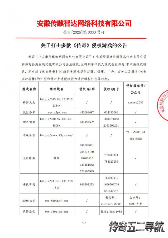 关于打击多款《传奇》侵权游戏的公告